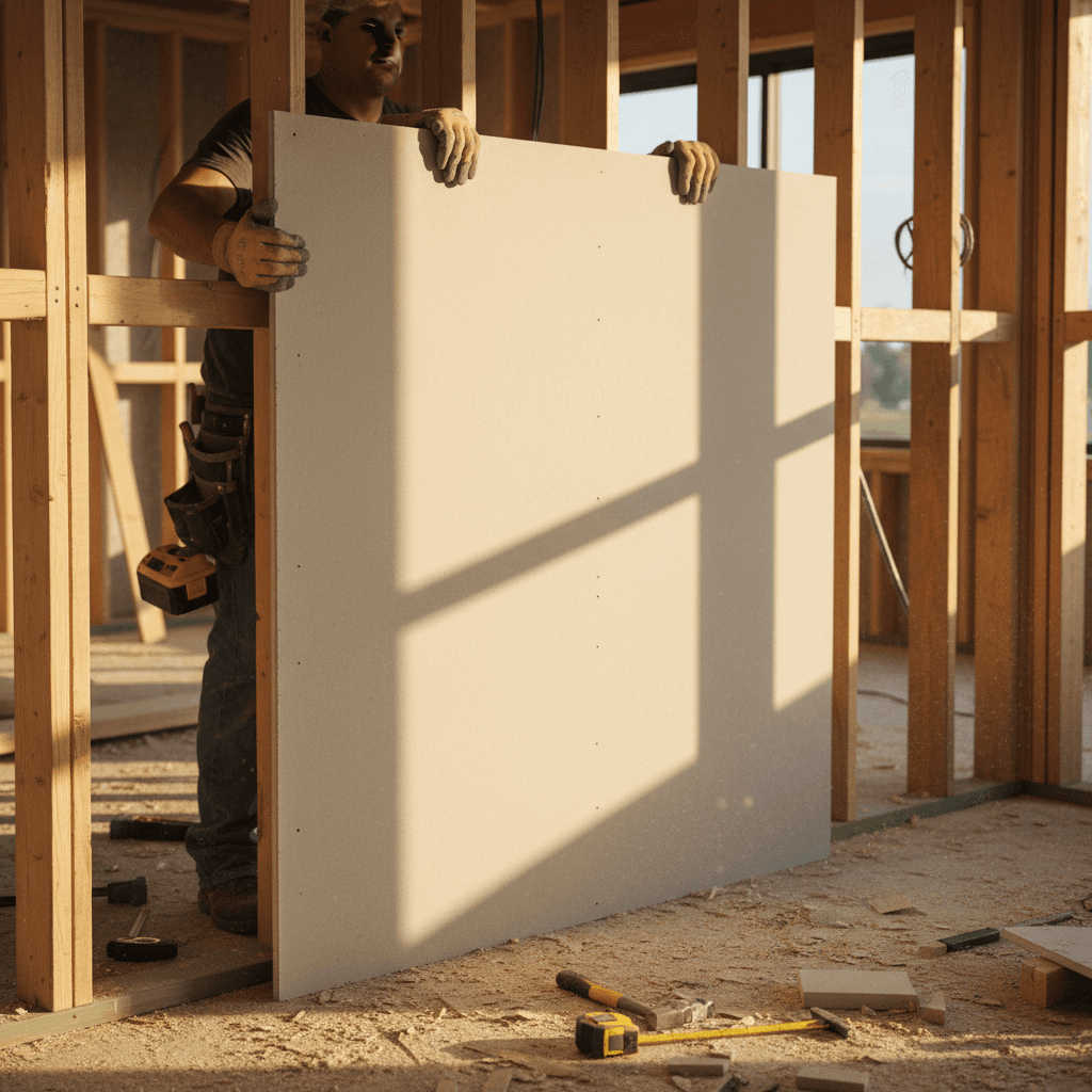 Hands in work gloves positioning a drywall sheet against wall studs