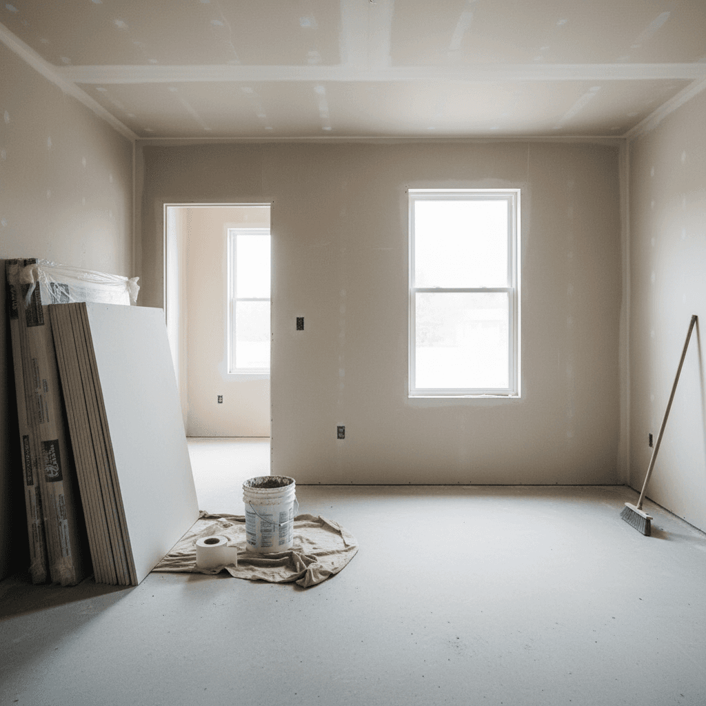 Clean job site with drywall supplies stacked neatly against a wall