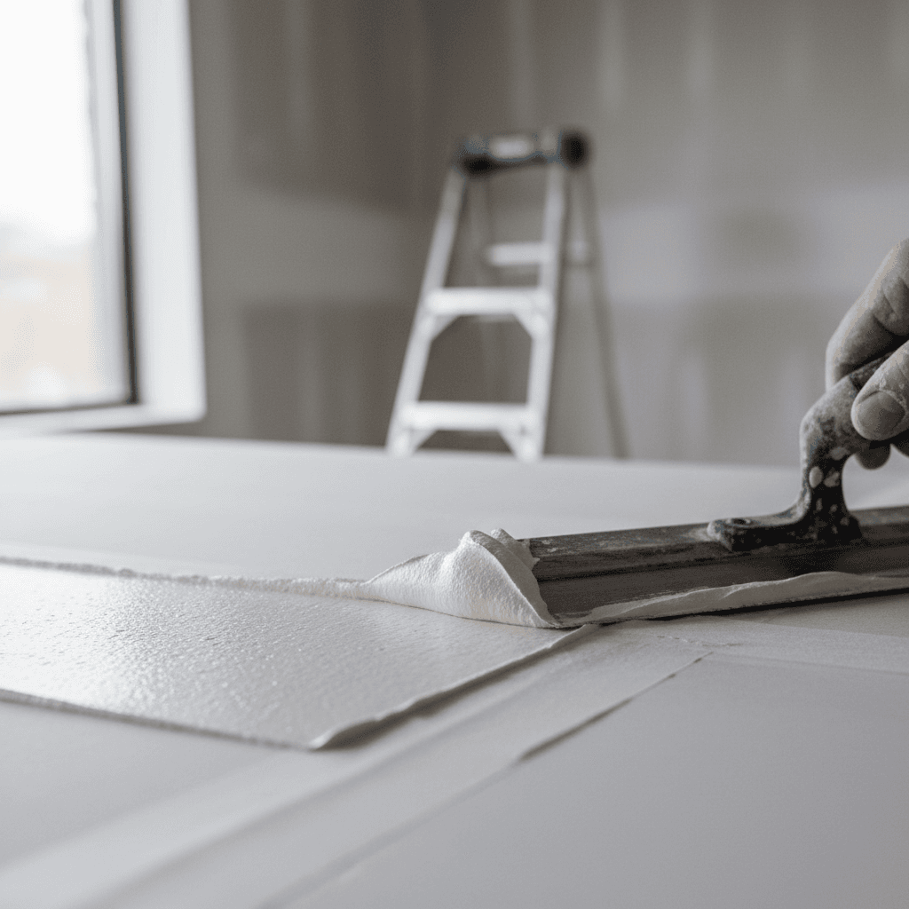 Close-up of a trowel smoothing joint compound over drywall tape